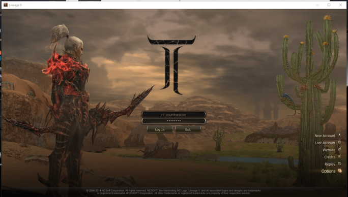 The Lineage II in-game login screen on L2 Tiat.