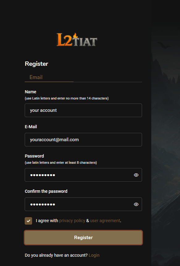 The L2 Tiat registration form for creating a new master account.